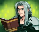  1boy armor black_gloves black_shirt book english_text final_fantasy final_fantasy_vii gloves green_eyes highres long_hair meme reading sensible_chuckle_(meme) sephiroth shirt shoulder_armor slit_pupils smile voodoothur white_hair white_shirt 