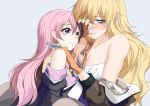  2girls between_legs blonde_hair blush breasts brown_eyes brown_gloves brown_hair english_commentary gloves hair_between_eyes hand_on_another&#039;s_chest hand_on_own_face highres long_hair medium_breasts multiple_girls neo_politan off_shoulder pink_eyes pink_hair purple_eyes rwby sketch smile tl wavy_hair yang_xiao_long yuri 