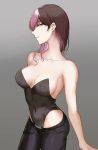  1girl bare_shoulders belt black_belt black_pants breasts breasts_apart brown_hair covered_navel cowboy_shot facing_away grey_background groin highleg highleg_leotard highres large_breasts leotard long_hair looking_at_viewer multicolored_hair neo_politan pants pink_eyes pink_hair rwby solo tl 