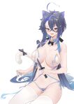  1girl absurdres ahoge alternate_costume animal_collar animal_ears areola_slip areolae azur_lane bikini black_bow blue_hair bow breasts collar fake_animal_ears foch_(azur_lane) hair_between_eyes highres holding holding_knife knife kuroja large_breasts long_hair multicolored_hair open_mouth red_eyes revealing_clothes simple_background solo string_bikini swimsuit tail tail_bow tail_ornament thighhighs two-tone_hair very_long_hair white_background white_bikini white_legwear white_tail 