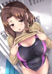  1girl black_swimsuit blush breasts brown_hair brown_sweater cleavage clothes_lift commentary_request competition_swimsuit covered_navel cowboy_shot dutch_angle indoors large_breasts locker locker_room long_hair long_sleeves mizuhara_yuu one-piece_swimsuit open_mouth original purple_swimsuit red_eyes ribbed_sweater solo standing sweater sweater_lift swimsuit swimsuit_under_clothes teeth turtleneck turtleneck_sweater upper_teeth wet 