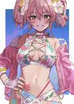  1girl bangs blush breasts earrings eyebrows_visible_through_hair hair_ornament hand_on_hip haruyuki_(gffewuoutgblubh) highres idolmaster idolmaster_cinderella_girls jewelry jougasaki_mika looking_at_viewer medium_breasts navel open_mouth pink_hair short_hair solo twintails yellow_eyes 