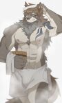 1boy abs animal_ears bara beige_fur blush bulge chest_hair facial_hair fang feet_out_of_frame furry furry_male goatee hachi_duchi hair_between_eyes highres male_focus mature_male medium_hair muscular muscular_male naked_towel navel nipples pectorals solo steam stomach temujin_(housamo) thighs tokyo_afterschool_summoners topless_male towel tusks walking wet wolf_boy wolf_ears 