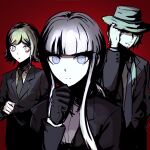  1girl 2boys bangs black_gloves black_jacket blonde_hair brown_eyes brown_necktie closed_mouth collared_shirt danganronpa_(series) danganronpa_3_(anime) facial_hair gloves goatee gradient gradient_background grey_headwear grey_necktie grey_shirt hand_up jacket kirigiri_kyouko long_hair long_sleeves matsuda_yasuke mitarai_ryouta multiple_boys necktie official_alternate_costume pale_skin pink_eyes qosic red_background shirt short_hair sketch smile stubble 