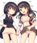  2girls :d bangs bed_sheet black_dress black_hair blush bow breasts brown_eyes brown_sailor_collar brown_skirt cameltoe candy_wrapper clothes_lift collared_shirt comiket_99 commentary_request dress eyebrows_visible_through_hair groin hair_between_eyes holding_hands ichihaya long_hair long_sleeves looking_at_viewer multiple_girls navel neckerchief open_clothes open_shirt original panties panty_pull pinafore_dress pink_panties pleated_skirt polka_dot polka_dot_panties puffy_short_sleeves puffy_sleeves red_bow red_neckwear sailor_collar school_uniform shirt short_sleeves skirt skirt_lift sleeveless sleeveless_dress small_breasts smile underwear white_shirt 