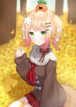  absurdres autumn_leaves bangs blonde_hair blush brown_sweater closed_mouth commentary_request eyebrows_visible_through_hair flower ginkgo_leaf gradient_hair green_eyes hair_flower hair_ornament hairclip highres holding holding_leaf hololive honome_sui leaf long_sleeves looking_at_viewer miniskirt momosuzu_nene multicolored_hair neckerchief nekko_(momosuzu_nene) pink_hair plaid plaid_neckerchief plaid_skirt red_neckerchief red_skirt short_hair sidelocks sitting skirt sleeves_past_wrists smile sweater tree_trunk twintails virtual_youtuber white_flower 