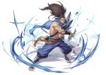  1boy abs absurdres aussummer bara black_hair blue_scarf brown_eyes brown_hair closed_mouth facial_hair highres holding holding_sword holding_weapon league_of_legends long_hair male_focus mature_male muscular muscular_male navel ponytail scarf solo sword weapon yasuo_(league_of_legends) 