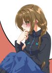  1girl black_jacket blue_pants blush braid breasts brown_hair embarrassed eyebrows_visible_through_hair from_side glasses hair_behind_ear highres jacket kamon_rider long_hair medium_breasts military military_uniform muvluv muvluv_alternative muvluv_alternative_(anime) pants sakaki_chizuru sitting solo twin_braids uniform white_background 