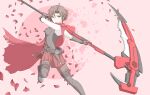  1girl absurdres bare_shoulders belt belt_buckle breasts brown_belt brown_hair buckle cape crescent_moon crescent_rose elbow_gloves gloves grey_eyes highres looking_at_viewer medium_breasts messy_hair moon older pantyhose petals pink_background red_cape red_skirt rose_petals ruby_rose rwby scythe short_hair skirt solo thigh_strap thighhighs thighhighs_over_pantyhose torn_cape torn_clothes tsukimizake 