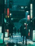  1girl alley bangs black_coat black_hair black_legwear boots brown_eyes coat full_body ground_vehicle highres holding kensight328 long_sleeves night original outdoors parted_lips red_scarf scarf short_hair snow snowing solo_focus train umbrella walking 