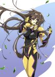  1girl :o bangs black_bodysuit bodysuit breasts brown_hair covered_navel eyebrows_visible_through_hair fortified_suit highres kamon_rider leaf leaning_to_the_side long_hair looking_at_viewer medium_breasts muvluv muvluv_alternative muvluv_total_eclipse open_mouth purple_eyes skin_tight solo takamura_yui very_long_hair 