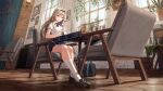  an-94_(girls&#039;_frontline) bag blonde_hair blue_eyes blue_skirt blurry blurry_background blush breasts chair cup desk girls&#039;_frontline hair_ornament headband legs long_hair looking_at_another looking_at_viewer looking_down ribbon shirt shoes short_sleeves silence_girl skirt table teacup thighs tree twintails window wooden_chair wooden_floor wooden_table 