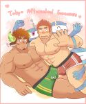  2boys ? abs animal_ears bara blush bouncing_bulge boxers brown_eyes brown_hair bulge bulge_press bulges_touching couple cow_boy cow_ears cow_horns dark-skinned_male dark_skin facial_hair feet_out_of_frame fiery_horns forked_eyebrows genki_(gen2_genki) glowing_horns goatee green_male_underwear gunzo_(housamo) highres horns large_pectorals male_focus male_underwear motion_lines multiple_boys muscular muscular_male navel nipples on_person pectorals pout red_male_underwear short_hair sideburns spiked_hair spirit stomach thick_eyebrows thick_thighs thighs tokyo_afterschool_summoners topless_male translation_request underwear underwear_only wakan_tanka yaoi 