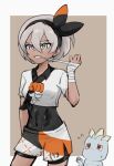  1girl bangs bea_(pokemon) black_bodysuit black_hairband bodysuit bodysuit_under_clothes bow_hairband clenched_teeth collared_shirt commentary_request covered_abs covered_navel echizen_(n_fns17) eyelashes grey_eyes grey_hair hair_between_eyes hairband highres machop mouth_hold pokemon pokemon_(creature) pokemon_(game) pokemon_swsh print_shirt print_shorts shirt short_hair short_sleeves shorts side_slit side_slit_shorts teeth wrist_wrap 