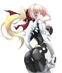  1girl ass blonde_hair blush breasts bright_pupils eyebrows_visible_through_hair fortified_suit from_behind gloves grey_gloves hand_on_hip highres ilfriede_von_feulner kamon_rider long_hair looking_at_viewer looking_back medium_breasts muvluv muvluv_alternative pilot_suit side_ponytail smile solo the_euro_front white_pupils 