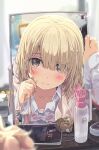  1girl absurdres bangs blonde_hair blush bob_cut brown_eyes cellphone closed_mouth commentary_request eyebrows eyebrows_visible_through_hair female_pov hair_over_one_eye highres long_sleeves mirror ogipote original phone pov reflection sleeves_past_wrists smartphone solo wet wet_hair 