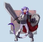  1girl absurdres armor black_sweater blue_eyes braid cosplay english_commentary gloves greaves hair_ornament hairclip head_wings heterochromia highres holding holding_shield holding_sword holding_weapon kart_prowler knight knight_(rogue_legacy) knight_(rogue_legacy)_(cosplay) medium_hair metal_gloves nijisanji nijisanji_en pants pauldrons purple_eyes purple_hair purple_pants rogue_legacy selen_tatsuki shield shoulder_armor single_glove solo sweater sword twin_braids virtual_youtuber weapon 