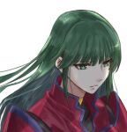  1girl expressionless eyebrows_visible_through_hair from_above green_eyes green_hair hair_behind_ear jacket juliet_sleeves jun_(rellik_&amp;_redrum) long_sleeves looking_ahead military military_uniform muvluv muvluv_alternative muvluv_alternative_(anime) portrait puffy_sleeves red_jacket solo tsukuyomi_mana uniform white_background 