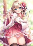  1girl blonde_hair blue_eyes blurry blurry_background blush breasts collarbone dress floral_background flower frilled_dress frilled_skirt frills hair_between_eyes hair_flower hair_ornament hair_ribbon hand_up japanese_clothes leaf long_hair looking_at_viewer looking_to_the_side medium_breasts miko mitsuba_choco original panties ribbon skirt smile thighhighs thighs tree underwear 