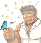  1boy animal_ears bara bare_shoulders blue_butterfly blush bug butterfly chest_hair collared_shirt dog_ears fangs from_side genki_(gen2_genki) gomeisa_(live_a_hero) green_eyes grey_hair hair_strand highres live_a_hero long_sideburns male_focus muscular muscular_male pectoral_cleavage pectorals raised_eyebrows shirt short_hair sideburns sleeveless sleeveless_shirt solo tattoo thick_eyebrows tribal_tattoo upper_body 