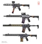  assault_rifle asterozoa bullet english_commentary from_side gun highres magazine_(weapon) no_humans original rifle scope submachine_gun trigger weapon weapon_focus white_background 
