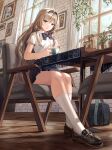  an-94_(girls&#039;_frontline) bag blonde_hair blue_eyes blue_skirt blurry blurry_background blush breasts chair cup desk girls&#039;_frontline hair_ornament headband legs long_hair looking_at_another looking_at_viewer looking_down ribbon shirt shoes short_sleeves silence_girl skirt table teacup thighs tree twintails window wooden_chair wooden_floor wooden_table 