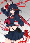  1girl absurdres black_hair black_shirt black_skirt blue_eyes breasts closed_mouth cowboy_shot eyebrows_visible_through_hair fingerless_gloves gloves hair_between_eyes highres holding holding_sword holding_weapon kill_la_kill light_blush looking_at_viewer matoi_ryuuko medium_hair multicolored_hair navel pleated_skirt red_gloves red_hair red_lightning sakotach school_uniform scissor_blade senketsu shirt skirt smug solo streaked_hair sword thighs two-tone_hair weapon 