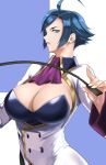  1girl anagumasan ascot bangs blue_eyes blue_hair breasts cleavage cleavage_cutout closed_mouth clothing_cutout elisabeth_blanctorche grey_background highres jacket large_breasts long_sleeves looking_at_viewer riding_crop short_hair simple_background solo swept_bangs the_king_of_fighters the_king_of_fighters_xi upper_body white_jacket 