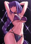  1girl armpits arms_behind_head arms_up bangs bare_shoulders bikini braid braided_ponytail breasts choker cleavage collarbone genshin_impact hair_ornament highres kakeku large_breasts long_hair looking_at_viewer mole mole_under_eye navel purple_bikini purple_eyes purple_hair raiden_shogun solo swimsuit thighs 