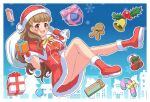  1girl :d bangs bell blunt_bangs boots brown_hair candy candy_cane capelet christmas commentary dress english_commentary eyebrows eyebrows_visible_through_hair floating food gift gingerbread_man gloves hat highres holding holding_gift holding_sack holly idolmaster idolmaster_cinderella_girls kamiya_nao knee_up long_hair looking_at_viewer melnia0916 mixed-language_commentary open_mouth over_shoulder red_capelet red_dress red_eyes red_footwear red_gloves red_headwear sack santa_boots santa_dress santa_gloves santa_hat short_dress smile solo 