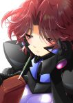  1girl bangs black_gloves eyebrows_visible_through_hair fortified_suit gloves highres isumi_michiru juice_box kamon_rider looking_down muvluv muvluv_alternative parted_bangs pilot_suit portrait red_eyes red_hair solo 