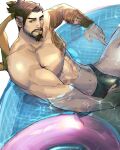  1boy bara beard black_hair black_male_swimwear brown_hair bulge crotch_grab facial_hair feet_out_of_frame from_side hanzo_(overwatch) highres large_pectorals long_hair looking_at_viewer male_focus male_swimwear mature_male muscular muscular_male navel overwatch pectorals ponytail solo swim_briefs thighs topless_male unfinished yamariceball 