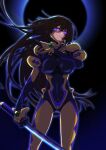  1girl absurdres backlighting bodysuit breasts brown_hair covered_navel eyebrows_behind_hair floating_hair fortified_suit glowing glowing_eyes head_tilt highres holding holding_sword holding_weapon kamon_rider katana large_breasts long_hair muvluv muvluv_alternative muvluv_total_eclipse open_hand pilot_suit purple_eyes solo sword takamura_yui weapon 