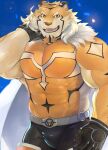 1boy animal_ears bara bodysuit bulge cape covered_abs cowboy_shot facial_hair fuga9 fur_trim furry furry_male gloves goatee large_pectorals live_a_hero male_focus muscular muscular_male no_mask orange_bodysuit orange_fur pectorals ryekie_(live_a_hero) short_hair smile solo tiger_boy tiger_ears two-tone_fur white_cape 