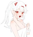  1girl bangs beijuu collarbone dress fang hair_ornament looking_at_viewer nipples open_mouth original red_eyes scrunchie simple_background skin_fang solo spaghetti_strap twintails upper_body white_background white_dress white_hair wrist_scrunchie 