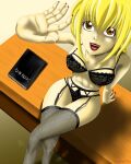  amane_misa black_bra black_panties blonde_hair boots bra breasts brown_eyes crossed_legs death_note fingernails highres jewelry legs lingerie necklace panties ponytail tenshioto thighhighs thighs underwear 