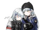  2girls agent_416_(girls&#039;_frontline) artist_name bangs black_headwear blush closed_eyes closed_mouth dated eyebrows_visible_through_hair gas_mask girls&#039;_frontline green_eyes hair_ornament hairclip hat helmet highres hk416_(fang)_(girls&#039;_frontline) hk416_(girls&#039;_frontline) holding holding_helmet jacket light_blue_hair long_hair looking_at_another mask mask_around_neck multiple_girls police police_hat police_uniform sakatakin teardrop_facial_mark teardrop_tattoo uniform upper_body white_background 