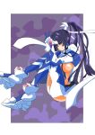  1girl bangs blue_eyes blue_hair border breasts bright_pupils eyebrows_visible_through_hair fetal_position fortified_suit hair_intakes highres kamon_rider long_hair looking_at_viewer medium_breasts mitsurugi_meiya muvluv muvluv_alternative outside_border pilot_suit ponytail purple_background smile solo v white_border white_pupils 
