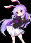  :o absurdres animal_ears bangs bare_legs black_background black_jacket blazer buttons crescent crescent_pin feet_out_of_frame highres jacket leaning_forward light_purple_hair long_hair long_sleeves looking_at_viewer miniskirt necktie offbeat orange_eyes purple_hair rabbit_ears rabbit_tail red_necktie reisen_udongein_inaba shirt simple_background skirt tail touhou very_long_hair white_shirt white_skirt 