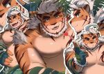  1boy :d absurdres ahoge animal_ears bara beard belly blowing_kiss blue_eyes blush collage derivative_work facial_hair furry furry_male highres hombre_tigre_(housamo) index_finger_raised large_pectorals male_focus muscular muscular_male one_eye_closed pectorals plump saikorodekimeru seductive_smile short_hair slime_(substance) smile stomach thick_eyebrows tiger_boy tiger_ears tokyo_afterschool_summoners upper_body white_hair 