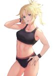  1girl bare_shoulders blonde_hair braid collarbone fate/apocrypha fate_(series) green_eyes hand_on_hip highres medium_hair midriff mordred_(fate) mordred_(fate/apocrypha) navel otsukemono ponytail revision simple_background solo sports_bra sweat white_background 