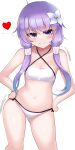  1girl bikini cowboy_shot flat_chest flower hair_flower hair_ornament hands_on_hips heart highres kutan long_hair looking_at_viewer low_twintails purple_eyes purple_hair short_hair_with_long_locks smile solo speech_bubble spoken_heart standing swimsuit twintails voiceroid white_flower yuzuki_yukari 