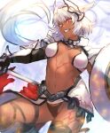  1girl animal_ears armor bangs bikini bikini_top black_bikini black_gloves black_legwear body_markings breasts caenis_(fate) cape dark-skinned_female dark_skin elbow_gloves fate/grand_order fate_(series) faulds gauntlets gloves greaves grin headpiece highres large_breasts long_hair looking_at_viewer navel otsukemono pauldrons polearm red_cape red_eyes revision shield shoulder_armor smile solo spear swimsuit tattoo thighhighs very_long_hair waist_cape weapon white_bikini white_hair 