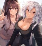  2girls alternate_costume alternate_hairstyle beige_sweater black_pants black_sweater breasts brown_eyes brown_hair cleavage commentary_request cowboy_shot dark-skinned_female dark_skin grey-framed_eyewear hair_between_eyes highres kantai_collection kasumi_(skchkko) large_breasts long_hair multiple_girls musashi_(kancolle) official_alternate_costume panties pants ponytail red_eyes ribbed_sweater selfie semi-rimless_eyewear side_ponytail silver_hair sweater underwear v white_panties yamato_(kancolle) 