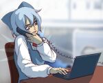 1girl artist_name blue_bow blue_dress blue_eyes blue_hair blue_ribbon blurry blurry_background bow bowtie chair cirno computer corded_phone cradling_phone depth_of_field desk dial dress eyelashes hair_bow holding holding_phone ice ice_wings keyboard_(computer) laptop lips long_dress long_sleeves looking_down multicolored_background office office_chair office_lady parted_lips phone pinafore_dress red_bow red_bowtie red_ribbon ribbon serious shirt short_hair sitting skullchimes solo touhou twitter_username white_shirt white_sleeves wings wire 