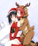  2girls absurdres animal_costume bangs black_gloves black_hair blush boots closed_mouth commentary elbow_gloves frown fur-trimmed_skirt fur_trim gloves hair_ornament half-closed_eyes hat highres holly_hair_ornament hood hood_up hug hug_from_behind kneeling long_sleeves looking_at_another love_live! medium_hair midriff miniskirt multiple_girls navel nishikino_maki purple_eyes red_eyes red_footwear red_gloves red_hair red_headwear red_shirt red_skirt reindeer_costume sack santa_costume santa_hat shirt sitting skirt sleeveless sleeveless_shirt smile snowflake_background thighhighs twintails umekichi white_legwear yazawa_nico yuri 