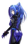  1girl ass blue_hair blush bodysuit breasts eyebrows_visible_through_hair from_behind hair_behind_ear hayase_mitsuki highres kamon_rider long_hair looking_at_viewer looking_back medium_breasts muvluv muvluv_alternative open_hand parted_lips pilot_suit ponytail smile solo white_background 
