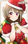  asymmetrical_hair bob_cut brown_hair christmas fur_trim grey_hair hat highres love_live! love_live!_nijigasaki_high_school_idol_club merry_christmas nakasu_kasumi otsumami_(otsu-mugi) red_eyes santa_costume santa_hat short_hair 