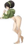  1girl avatar:_the_last_airbender avatar_(series) barefoot black_hair blind chopsticks food highres holding holding_chopsticks no_panties no_pants noodles older rakeemspoon ramen short_hair solo toph_bei_fong 