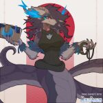  big_breasts blue_flames book breasts clothing dragon european_mythology flat_colors hair hi_res hybrid leash legless long_hair minze mythology reptile scales scalie simple_background snake spellbook sweater tail topwear wyrm_(dragon) 